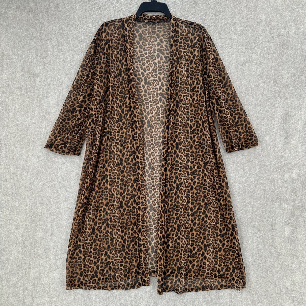 Double Take Leopard Print Mesh Duster Cardigan Womens XL Brown Sheer Longline